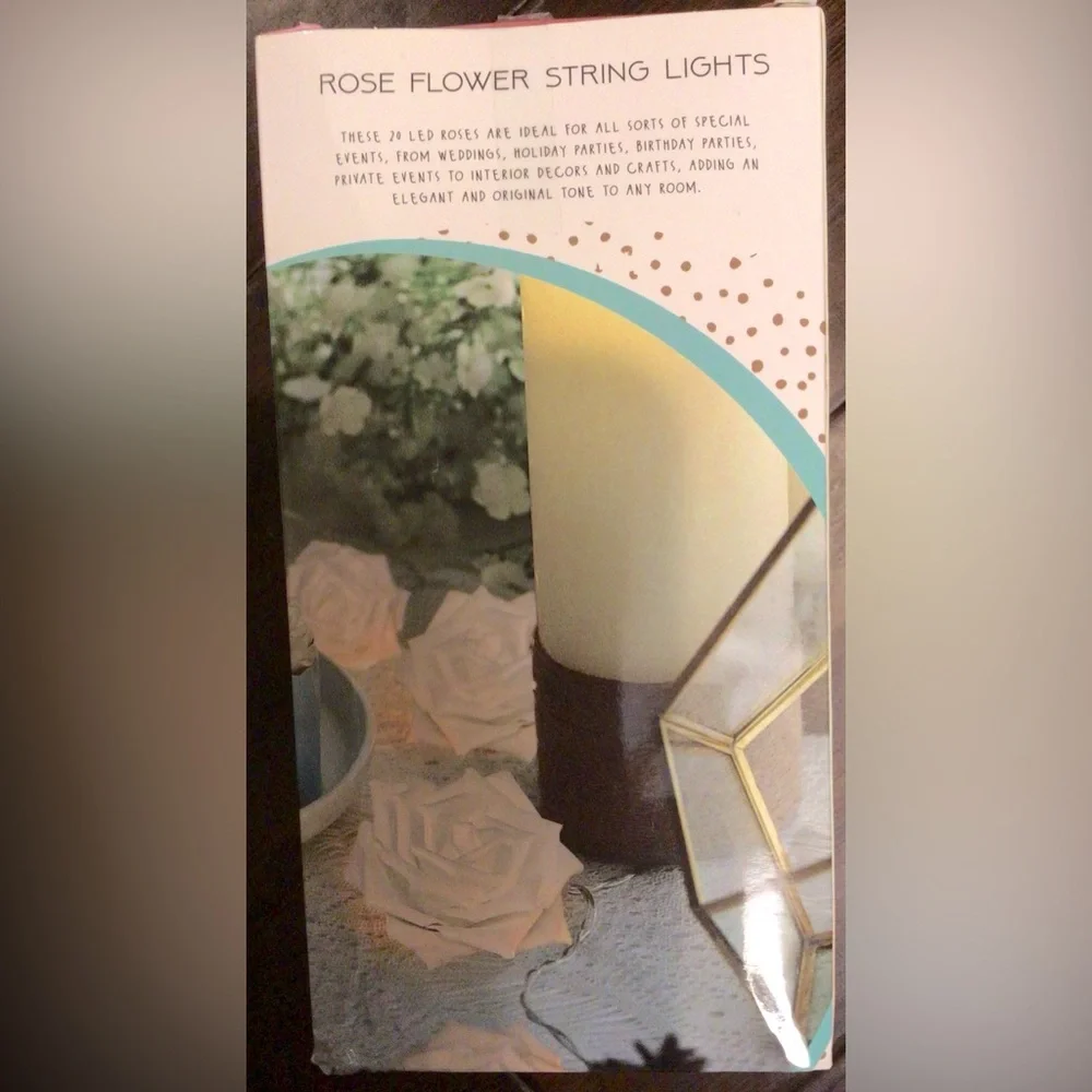 Rose Flower String Lights Battery Operated. 20 Warm White LED lights. 9ft long.